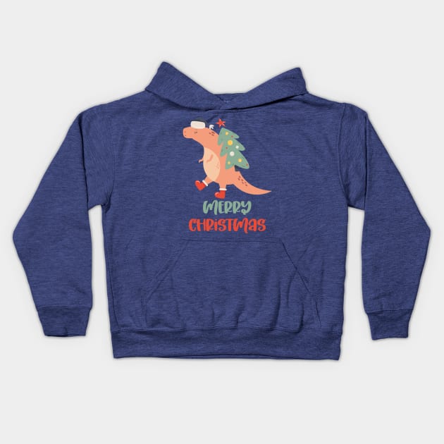 Dinosaur Carrying a Christmas Tree Kids Hoodie by Tee Trendz